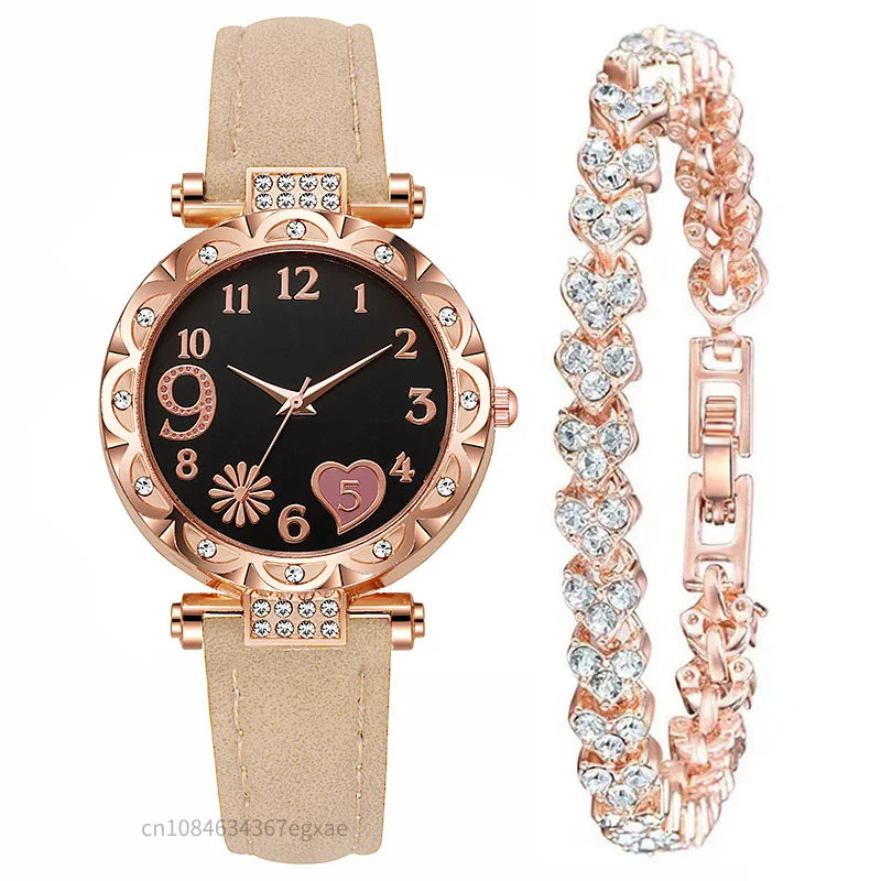 2/1PCS Fashion Heart Dial Women's Watches Luxury Leather Band Quartz Watch Rhinestone Bracelet Set Female Relogio Feminino