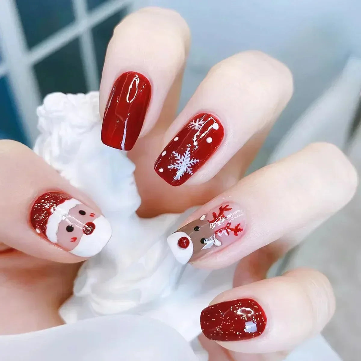 24Pcs Coffin Christmas Handmade Press on Nails Full Cover Snow Tree Design Santa Claus False Nails Wearable Manicure Nail Tips