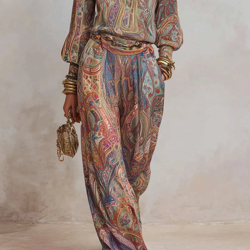 Retro Boho Printed 2 Piece Set for Women 2026 V Neck Top + Wide Leg Trousers Elegant Outfit Suit Casual Loose Suit Outfit
