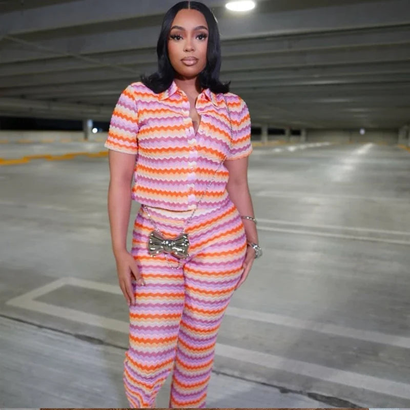 2026 Spring Summer Women Hollow Striped Knitted 2 Pieces Set Short Sleeve Shirt And Pants Set