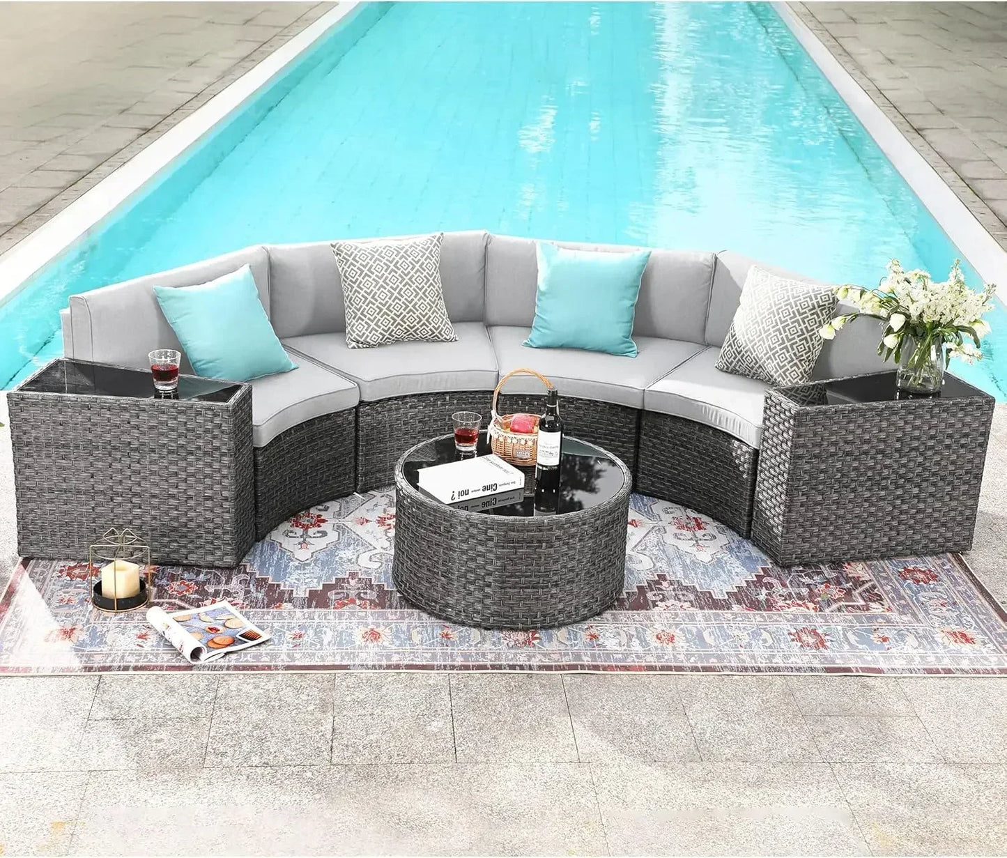 Outdoor Patio Furniture Sectional 7-Piece Half-Moon Curved Outdoor Sofa Set with Round Coffee Table,4 Pillows & Waterproof Cover