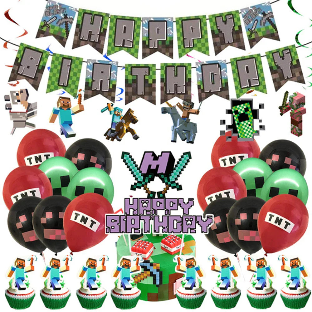 Miner Crafting Pixel Video Game Party Decor Disposable Tableware Cup Plate Tablecloth Balloon Baby Shower Kid Boy Party Supplies