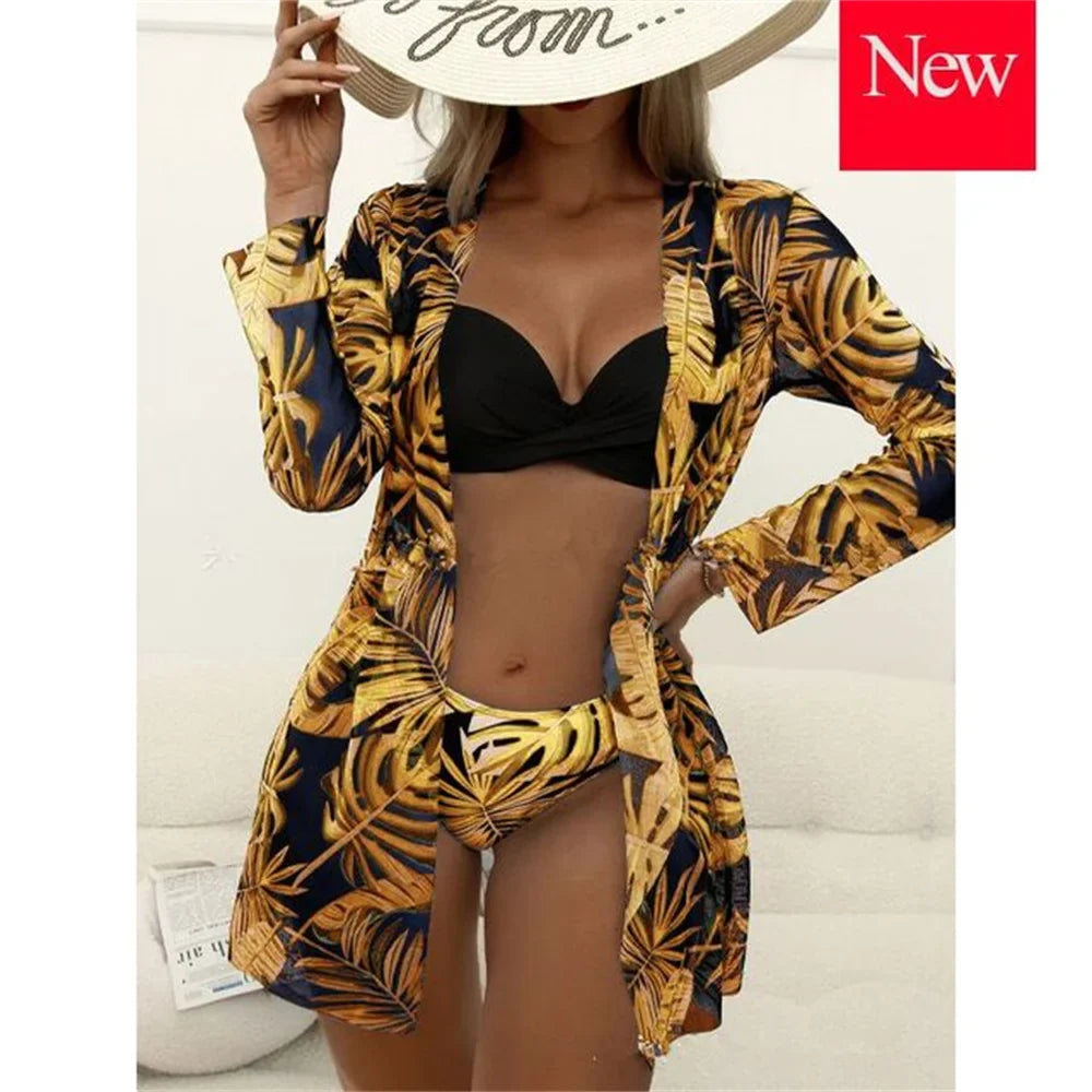 Three Pieces Bikini Set Cover Up Women New Push Up Twist Swimsuit Print Long Sleeve Swimwear Biquini Bathing Suit Summer