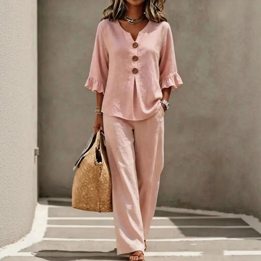 Summer 2 Piece Sets for Women Casual Ruffle 3/4 Sleeve V Neck Top And Wide Leg Pants Matching Set Loose Vacation Lounge Outfits