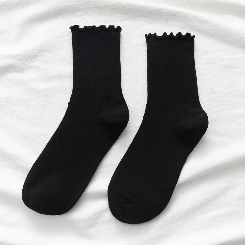 Ruffle Socks Women White Black Frilly Lolita Style Japanese Maiden Cute Kawaii Cotton Harajuku Princess Crew Socks Calcetines