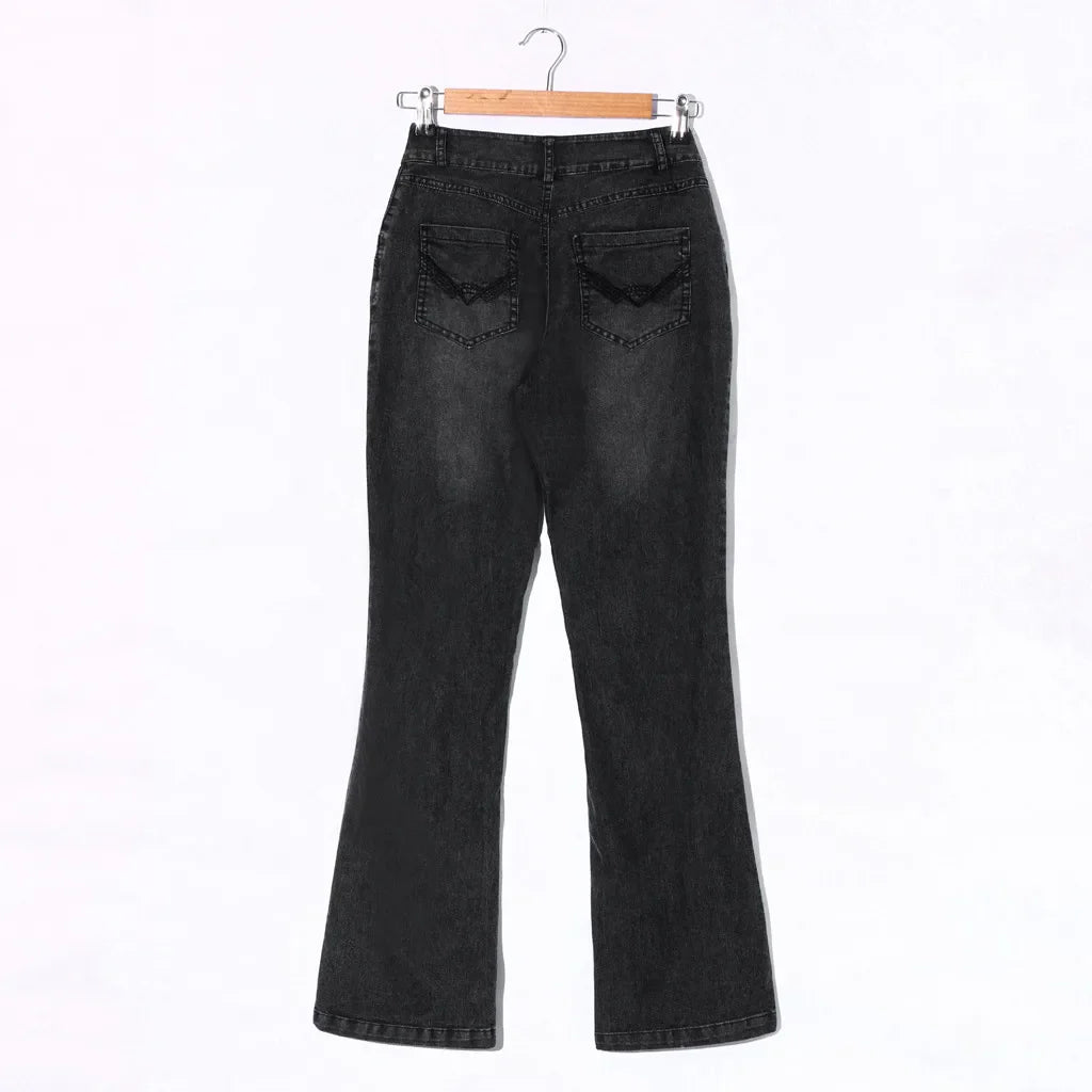 Denim Jeans For Women Mid Waisted Denim Jeans Embroidery Stretch Button Flare Pants Jeans Loose Casual Straight Jeans Vaqueros