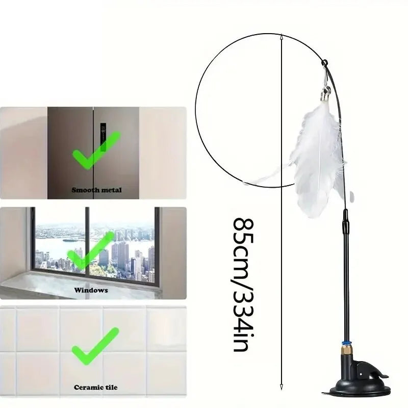 Cat Teaser Toy - Interactive Bell & Feather Wand - Long Suction Cup