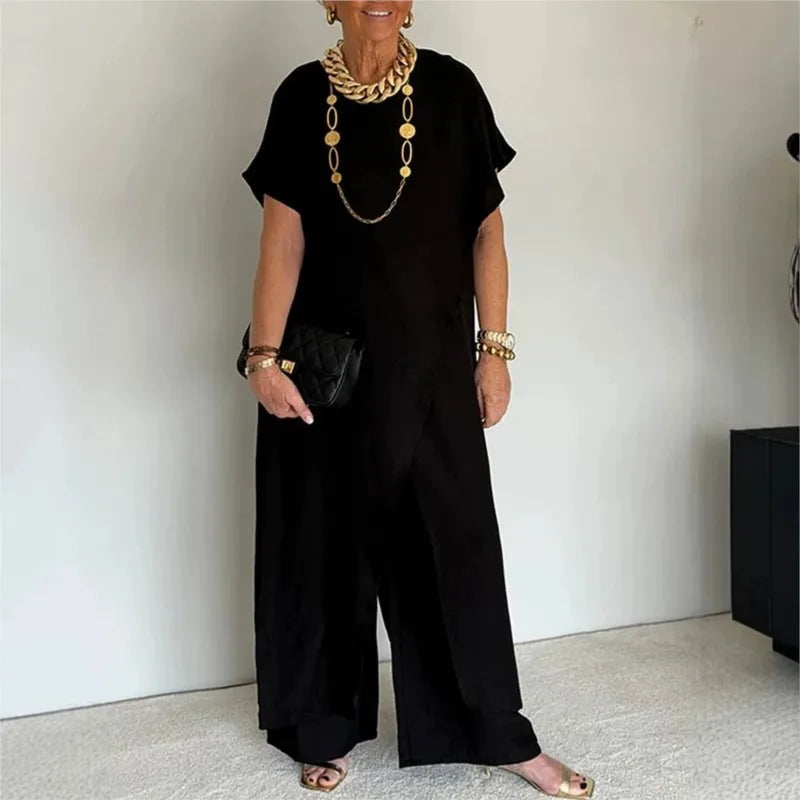 Loose Irregular 2 Piece Set for Women Short Sleeve Round Neck Long Top + Wide Leg Pants Casual Outdoor Commuting Versatile Suit