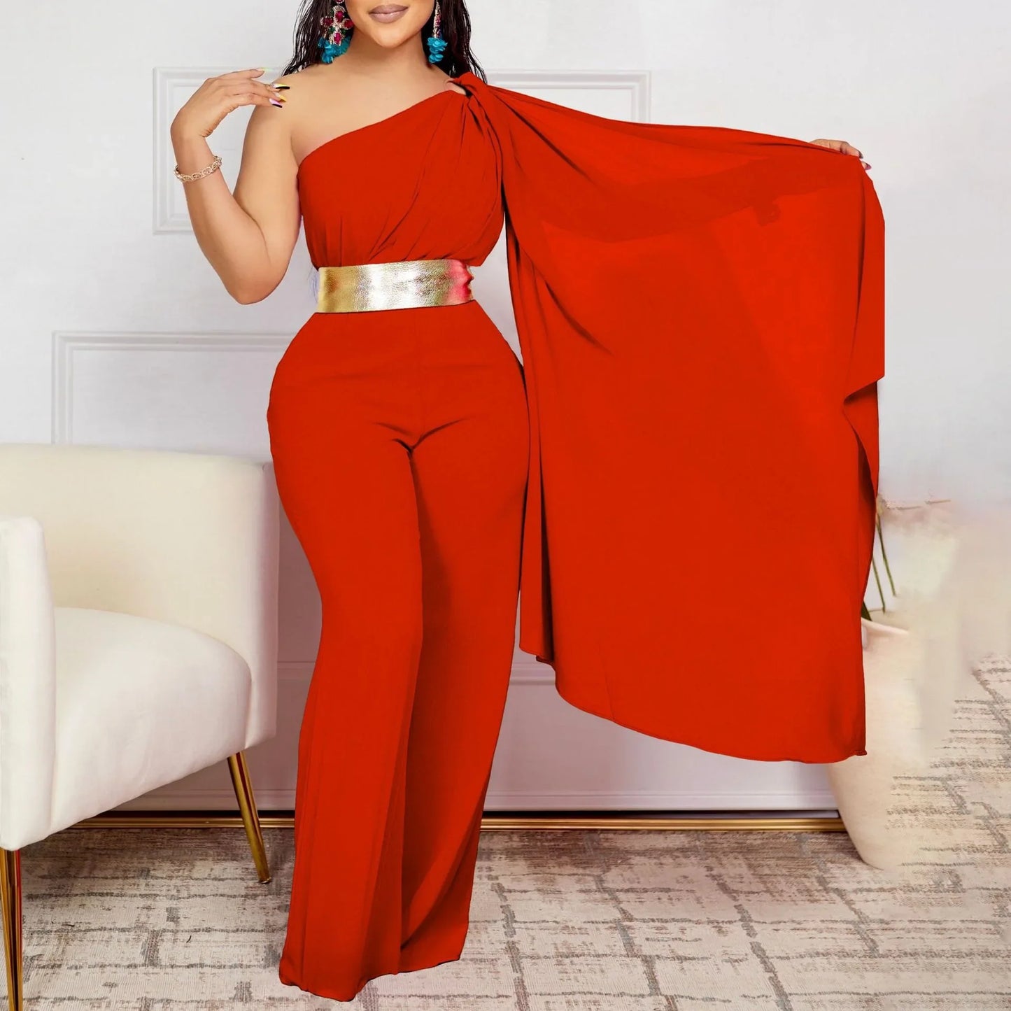 Elegant Jumpsuits & Rompers for Woman, One Shoulder Flying Sleeve High Waisted Luxury Dinner Outfits.