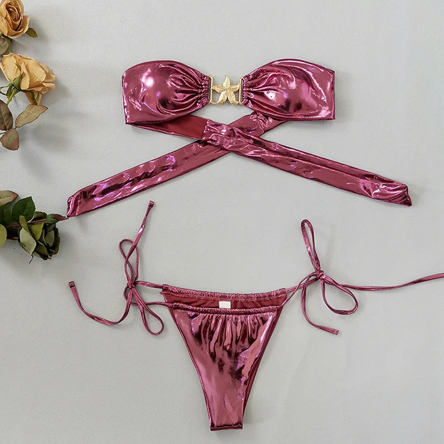 Gem Blue Glossy Bikini , Summer Beach Vacation Outfits, Thong Bathing Suit.