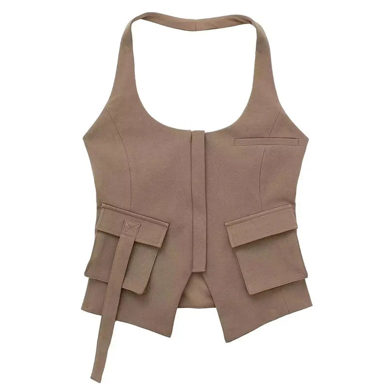 TRAFZA 2023 Summer Camis For Women Fashion Asymmetrical Sheath Short Halter Neck Straps Top Female Wild Hotsweet Women's Tops