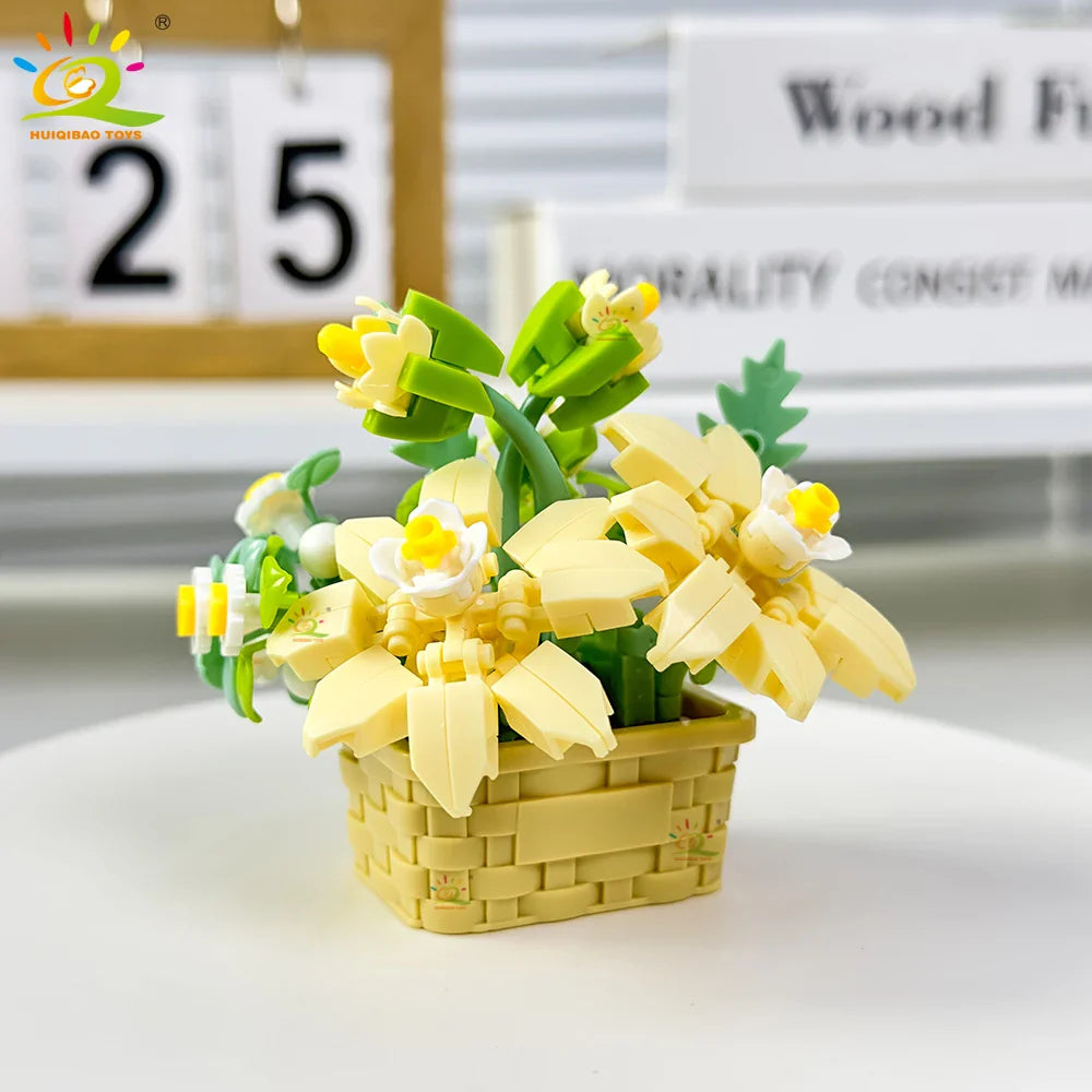 HUIQIBAO Eternal Flower Model Bouquet Potted Plant Micro Building Blocks MOC DIY Home Desk Decoration Brick Toy For Children