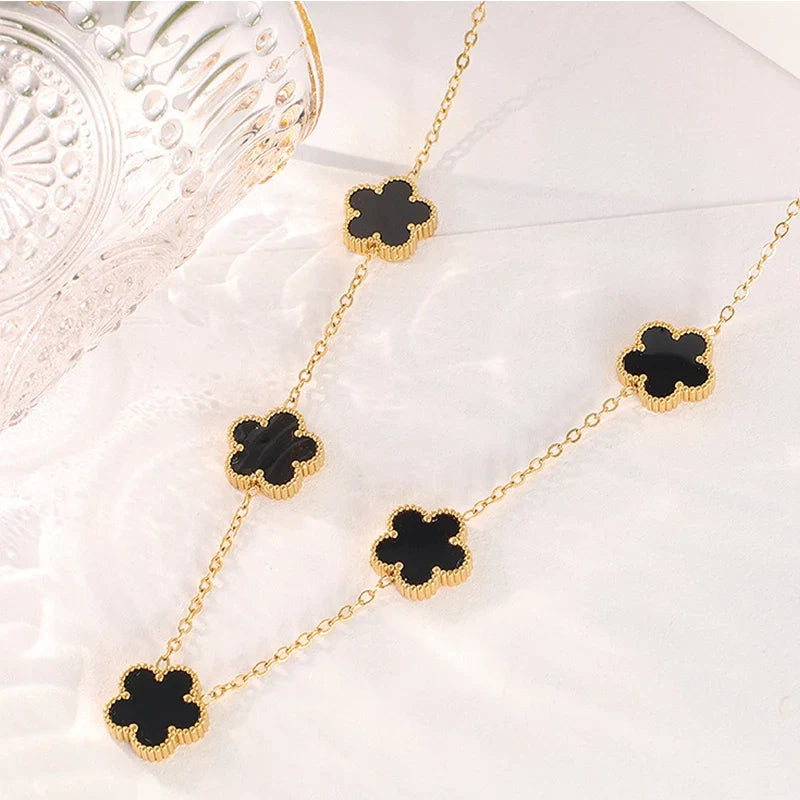 14K Gold Plated Stainless Steel Necklace Woman Five Leaf Petals Double