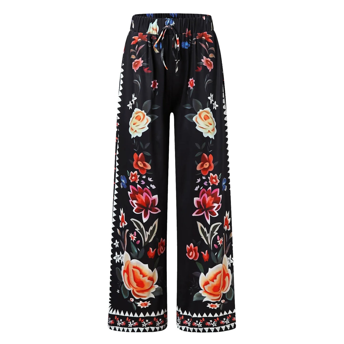 Pockets Pants Beach Long Waist Pants Women Printing Boho High Trousers Easy Pants Leisure Versatile Floor Length Loose Trousers