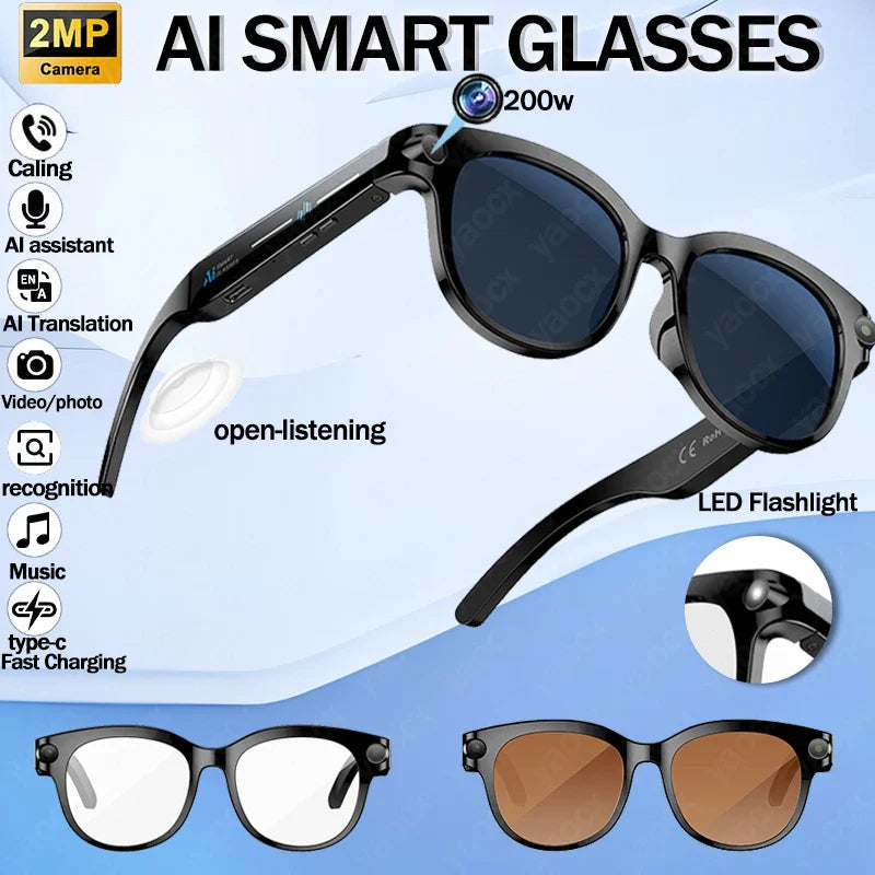 New 200W HD Camera Smart Glasses, AI Assistant Photo Recognition, Video Recording, 290mAh 512M Storage Smart Sunglasses.