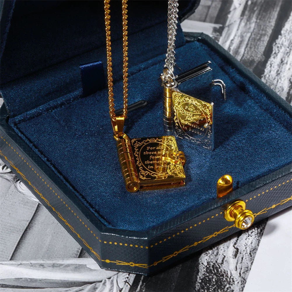 Book Lovers Necklace Stainless Steel Engraved Openable Book Chain Pendant Necklaces for Women Men Vintage Jewelry Gift