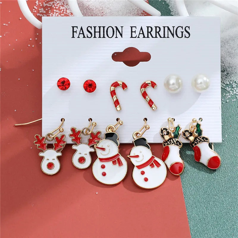 6 pairs Christmas Stud Earrings Xmas Tree Brown Elk Snowman Santa Claus Cute Christmas Earrings Christmas Gifts For Women Girls