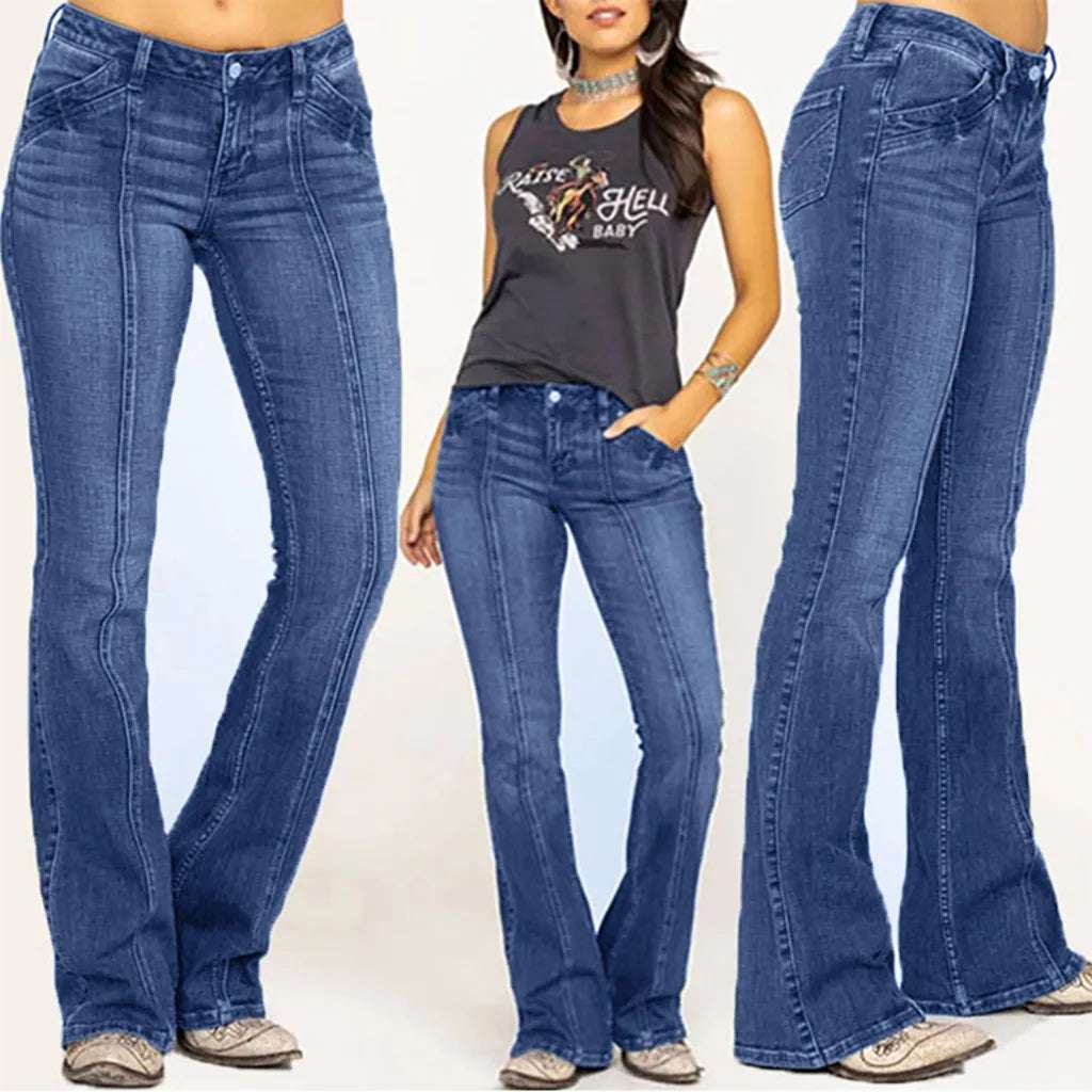 Denim Jeans For Women Mid Waisted Denim Jeans Embroidery Stretch Button Flare Pants Jeans Loose Casual Straight Jeans Vaqueros
