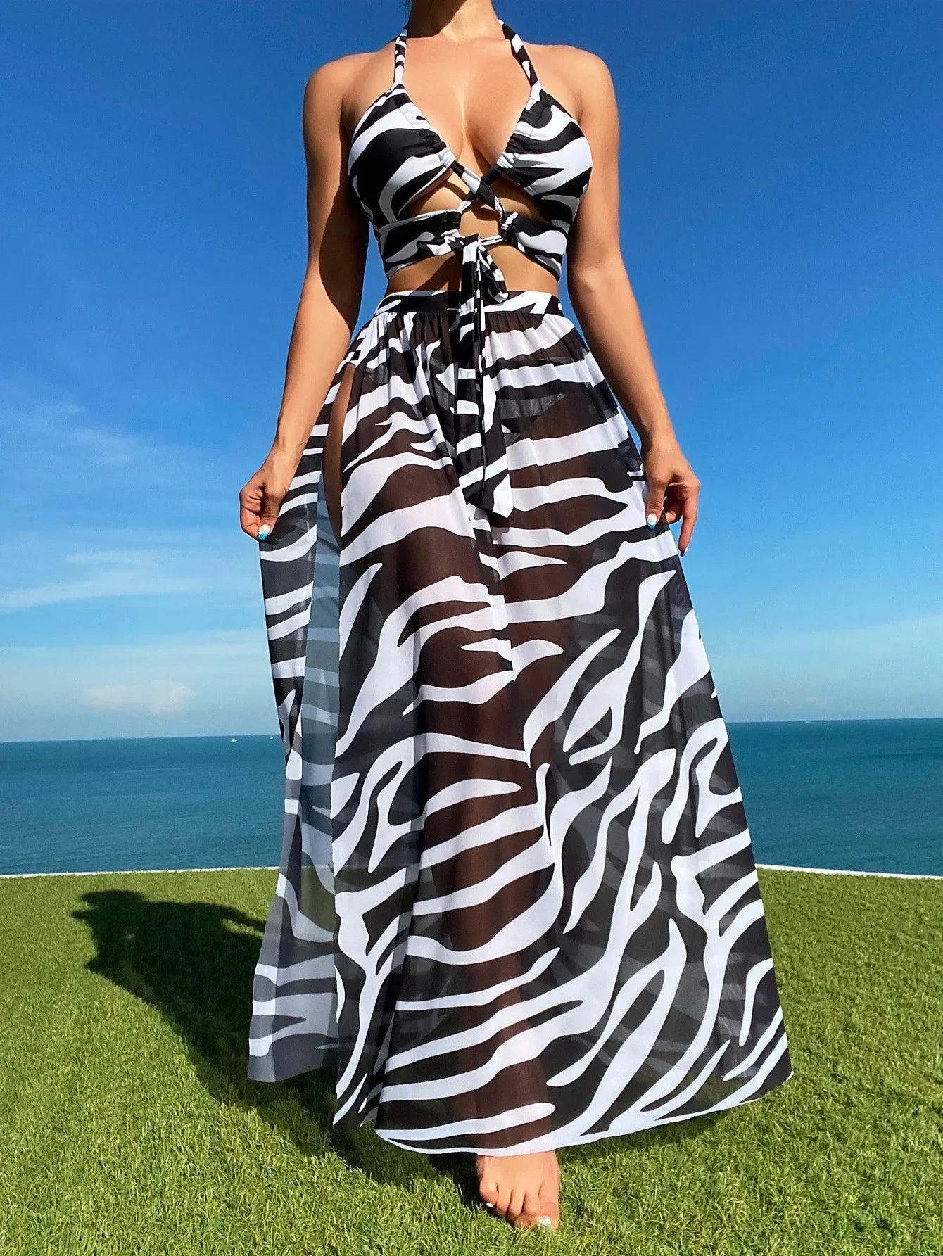 3 Pieces Swimsuit Women Tie Dye Print Swimwear Sexy Halter Bandage Bikini Set&Side Split Dress Cover-Up Beachwear Bathing Suits