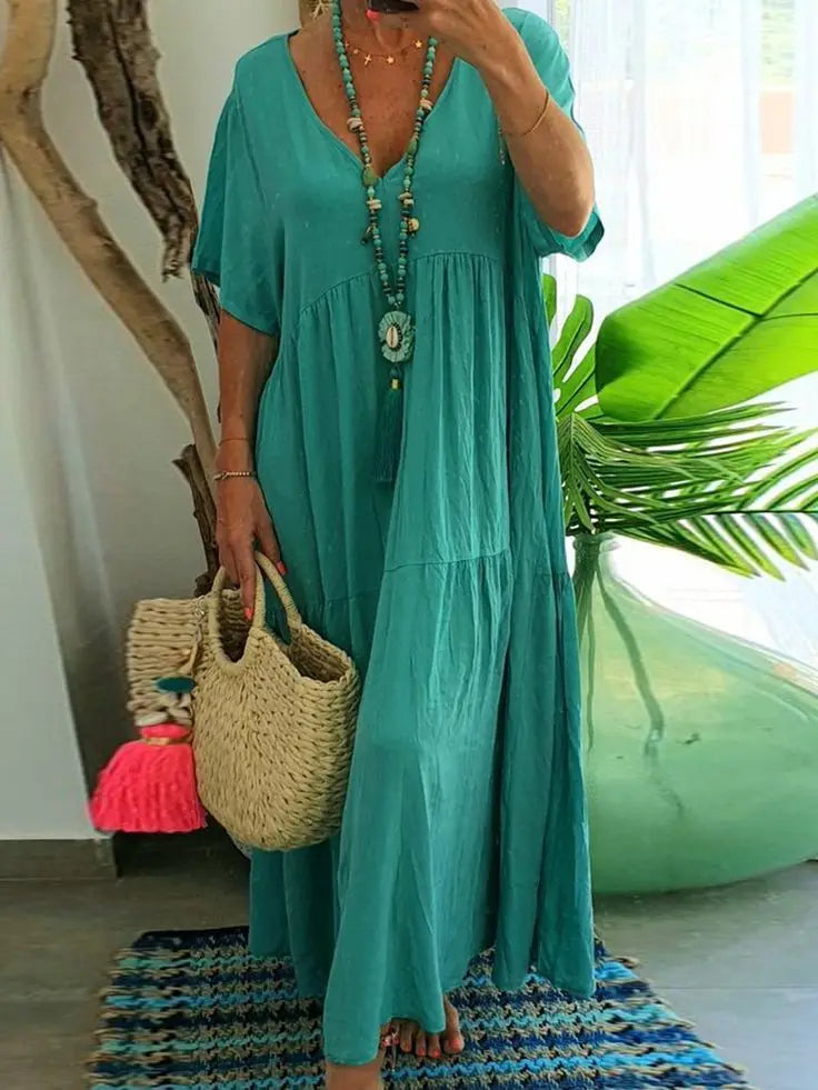 Summer New Casual Solid Color Cotton Hemp Short Sleeve Long Women's Dress Simple Loose Beach Maxi Female Fashion Dresses 2023
