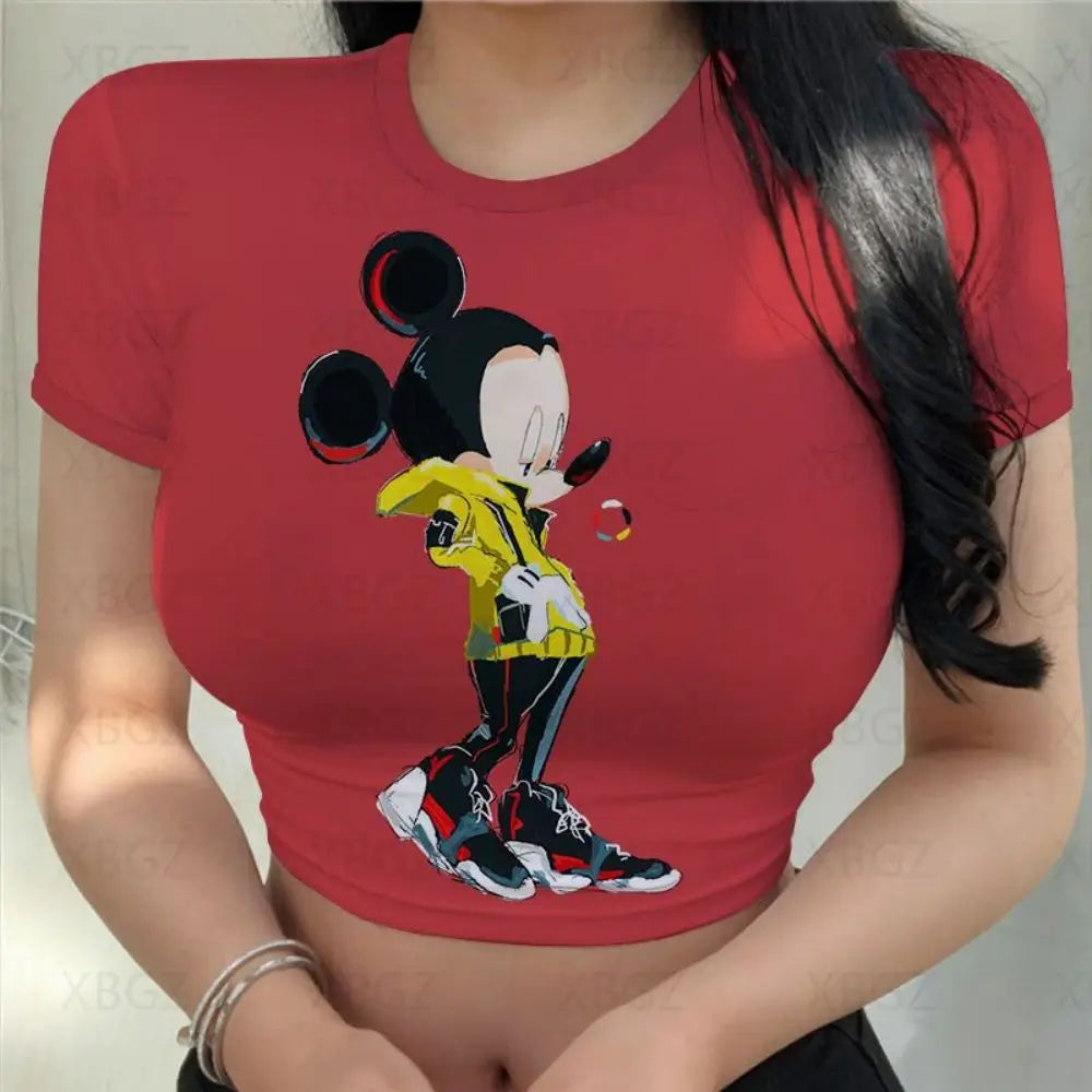 T-shirts Slim Fit Y2k Print Woman Clothes Cartoon Fashion Blouses 2024 Sexy Women's T-shirt Mickey Crop Top Minnie Mouse Disney
