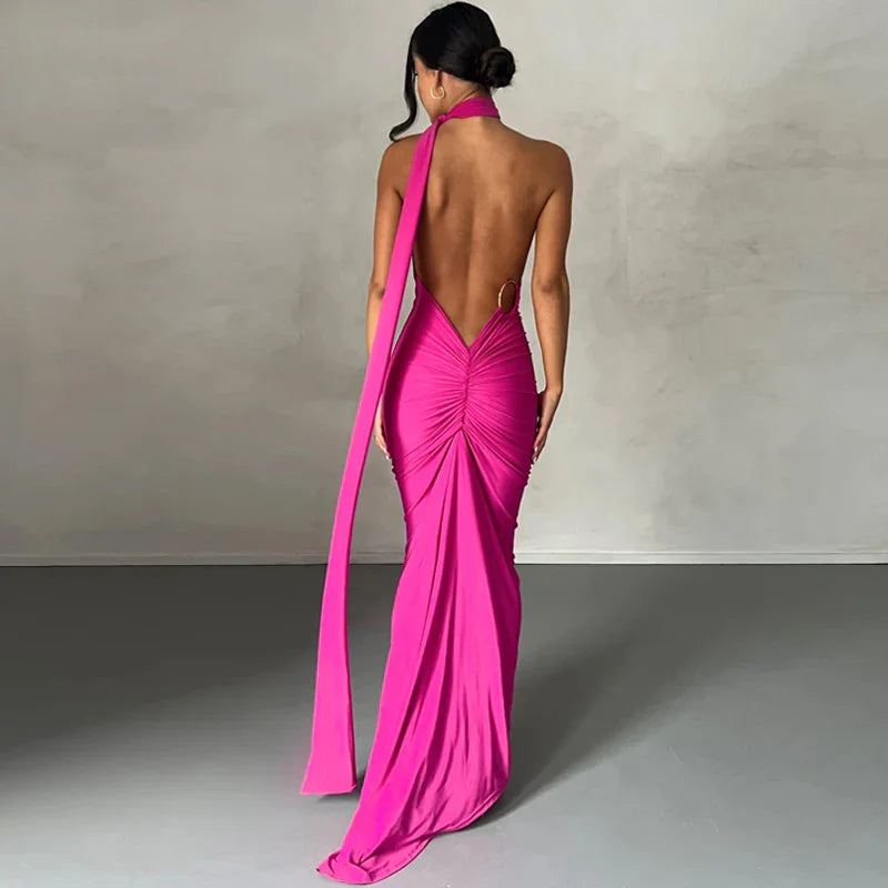 Hugcitar One Shoulder Backless Adjustable Scarf Loop Ruched Sexy Maxi Dress 2025 Women Elegant Y2K Streetwear Festival Outfit