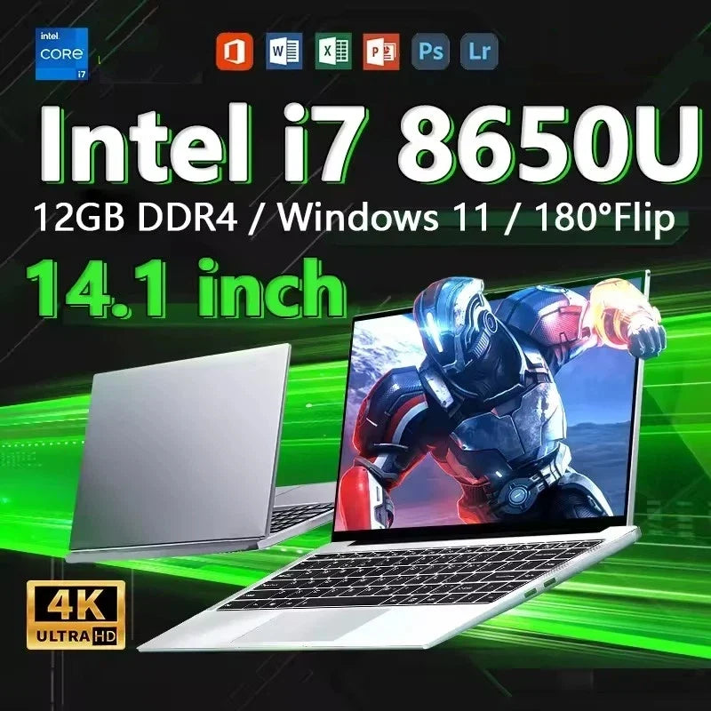 2026 14.1"Laptop Intel Core i7 8650U Portable Laptops Windows 11 Computer 4K HD 16GB 32GB RAM 1TB 2TB SSD Notebook Office