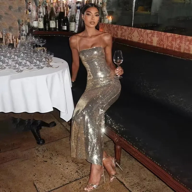 NIDANSSI 2025 Diamonds Glitter Backless Sexy Dress For Women Robes Evening Club Party Dress Bodycon Mini Summer Dress Vestidos