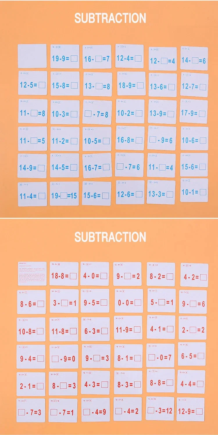Mathematical Math Learning Tool Montessori Training Math Erasable Add Subtract Multiply and Division Table Cards Seheck for Kids