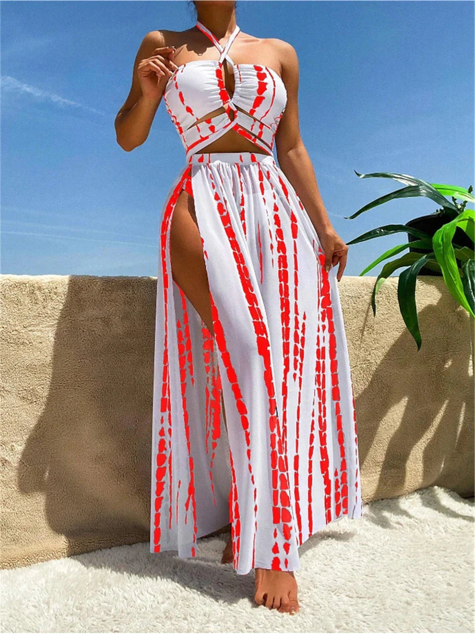 3 Pieces Tie Dye Cross Bikini 2025 Women Sexy Halter Swimsuit & Cover Up Pants Swimwear Bathers Bathing Swimming Suit Beachwear