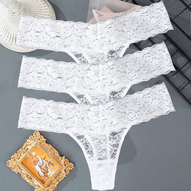 3PCS Lace Floral Women Panties ,Low Waist Breathable Briefs Female Thong Underwear M-2XL Sexy G-String Transparent Panty.