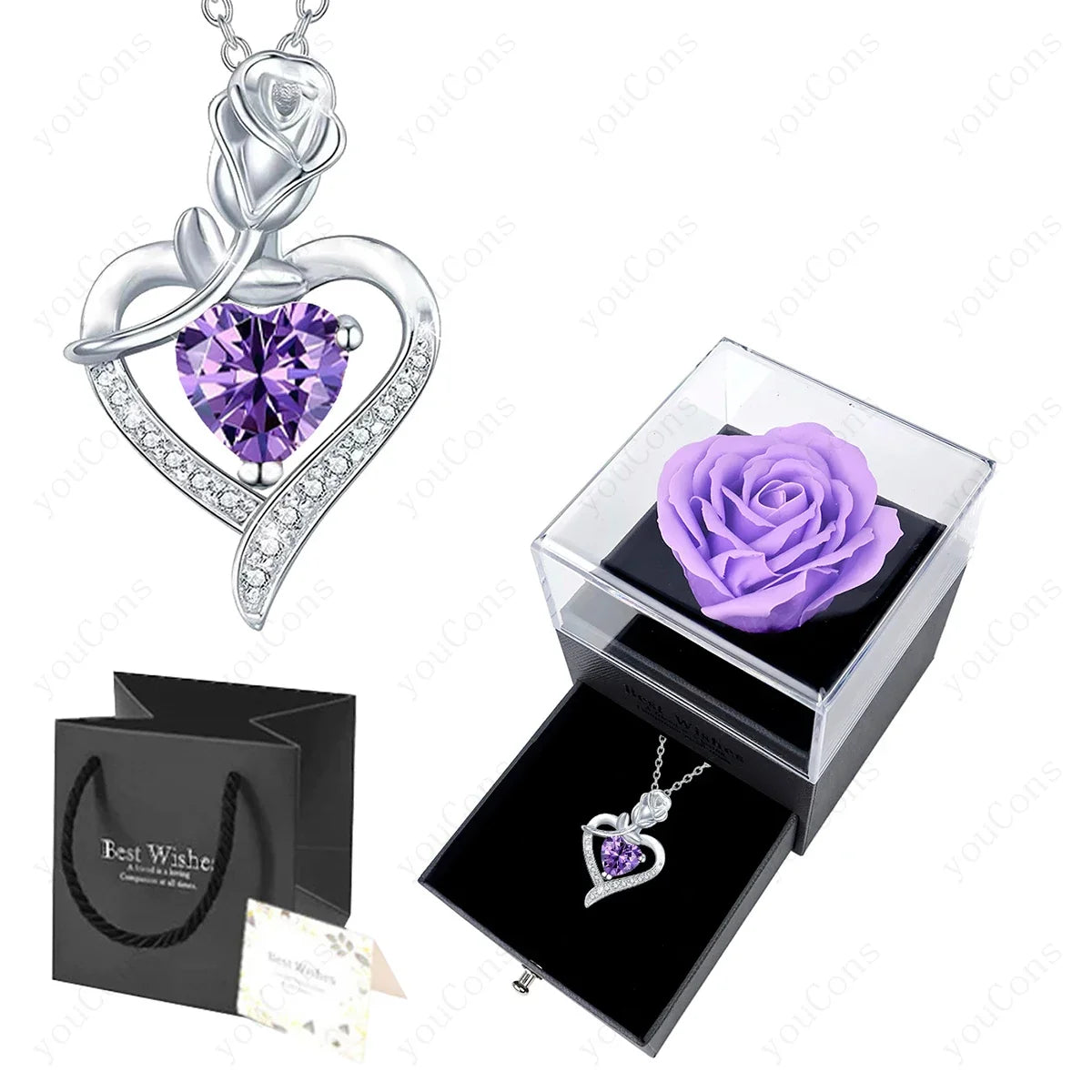 Luxury Red Zircon Heart Necklace With Rose Flower Gift Box For Girlfriend Birthday Valentine Gift  Romantic Accessories