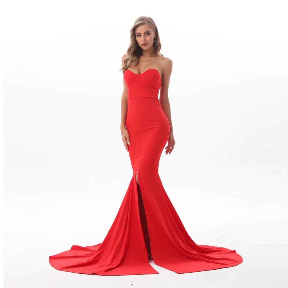 Sexy Strapless Long Black Maxi Dress Front Slit Bare Shoulder Red Women's Evening Summer Night Gown Party Maternity Dresses