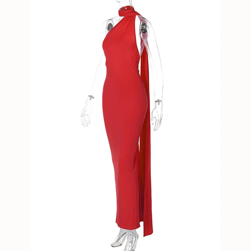 Hugcitar One Shoulder Backless Adjustable Scarf Loop Ruched Sexy Maxi Dress 2025 Women Elegant Y2K Streetwear Festival Outfit