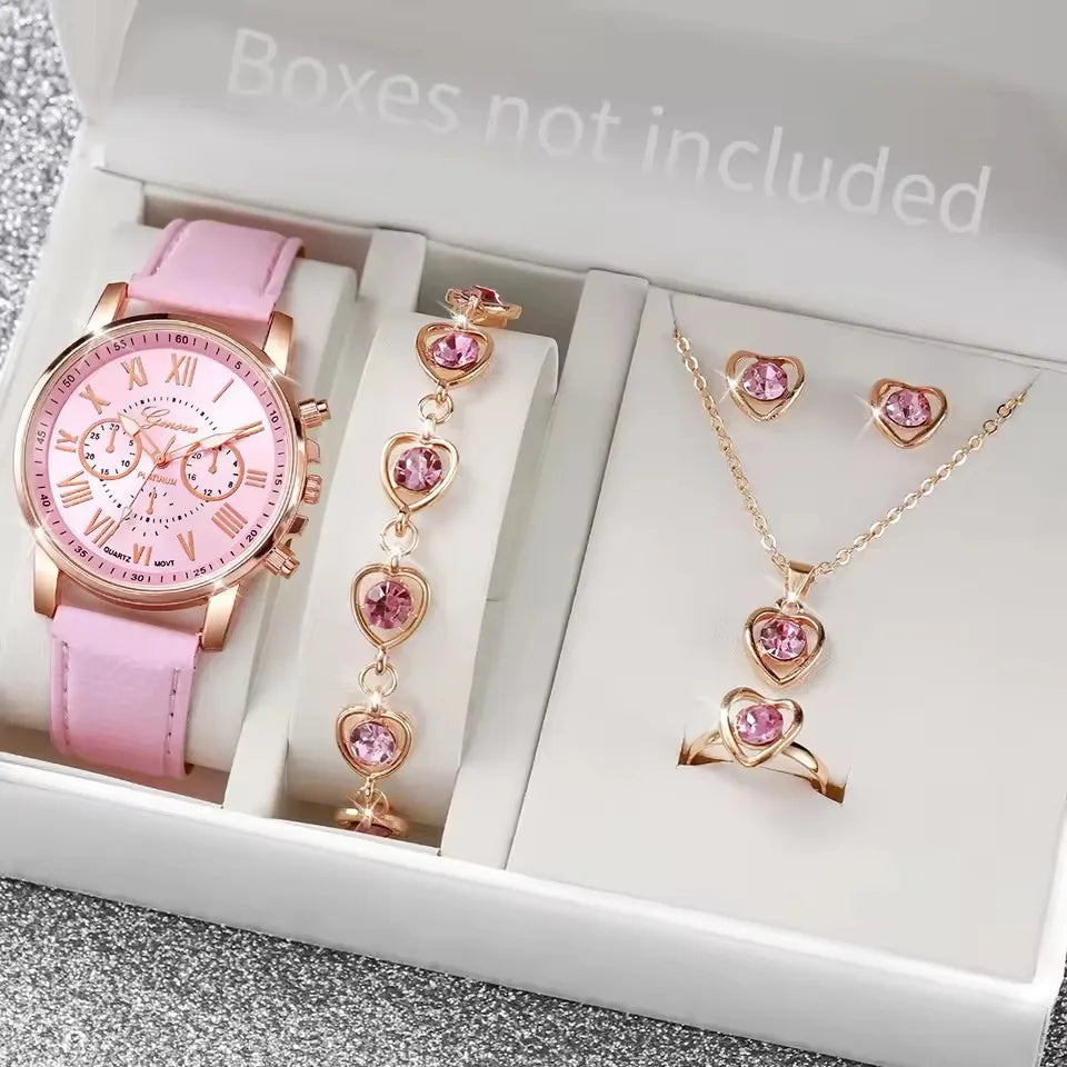 Fashion Women's Quartz Watch Leather Band Analog Wrist Watches Heart Rhinestone Jewelry Set(With Exquisite Gift Box)