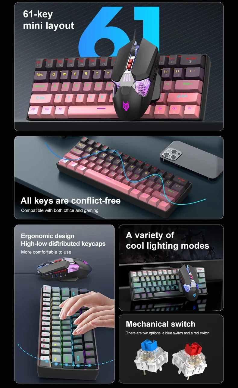 Mechanical keyboard and mouse set, 60% Portable Mini Wired Keyboard and Mouse combos, 61 Keys Phantom RGB keyboard and mouse kit