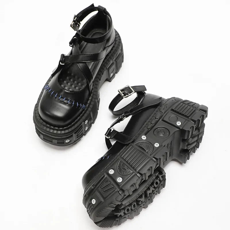 Gothic Mary Janes For Women Crossed-tied Ankle Strap Platform Shoes Round Toe Thick Bottom Female Shoes Punk Women Shoes 2026