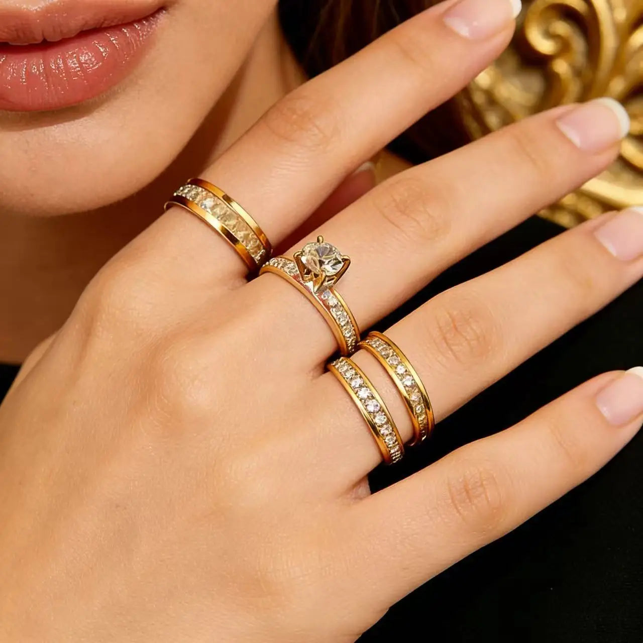3PCS Set Gold Plated Zirconia (cz) Wedding Engagement Band Stainless