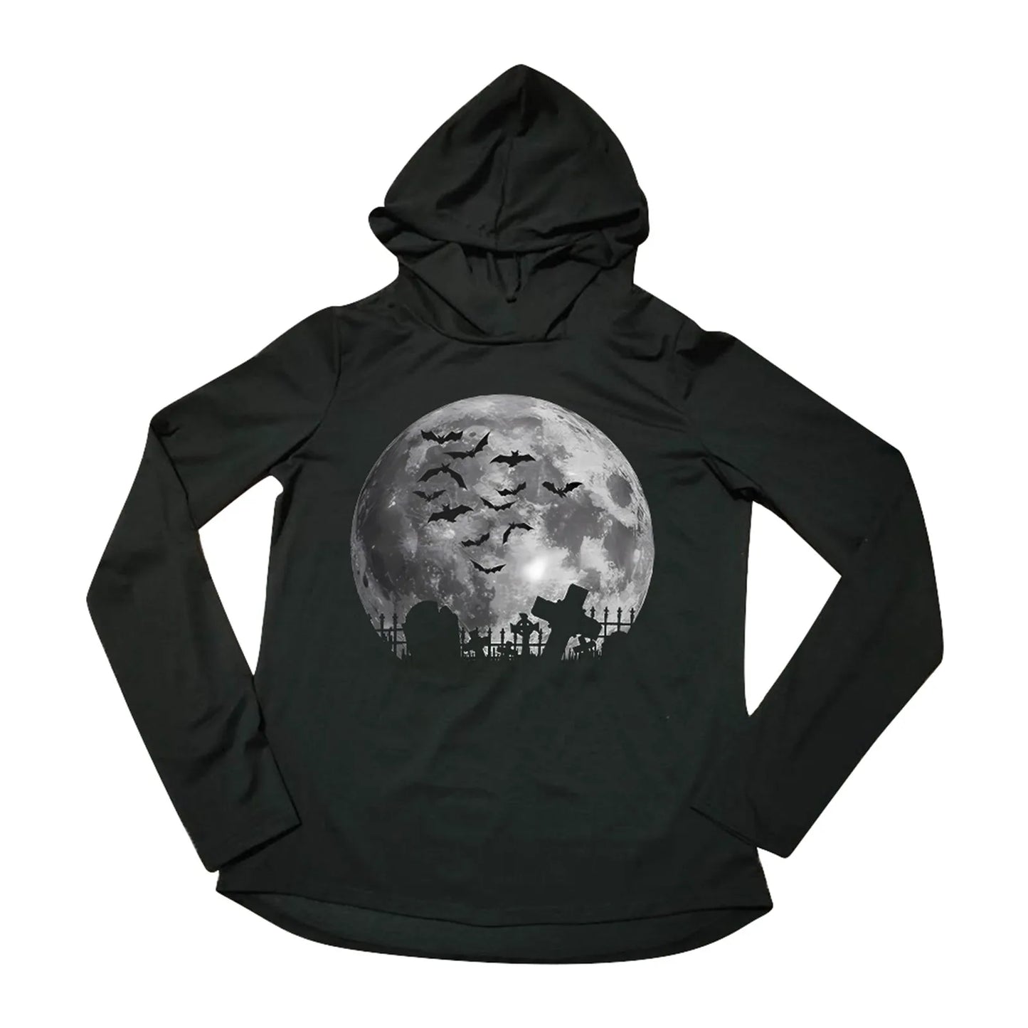 Halloween Graphic Long Sleeve Hooded T-Shirt Black Gothic Classic Vintage T-Shirt Moon Bat Tombstone Print Casual Y2k Clothes