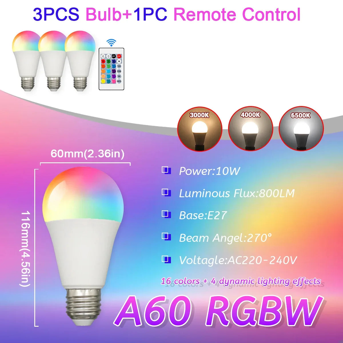 E27 RGB LED Light Bulb 220V 10W with IR Remote Control Color Changing Multicolor + White Lamp Spotlight for Bedroom Party Home