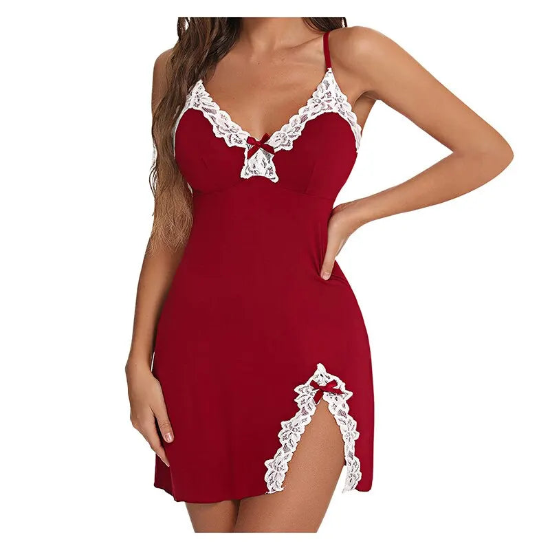 Sexy Sleepwear Women Lace Silk Satin V-Neck Nightgown