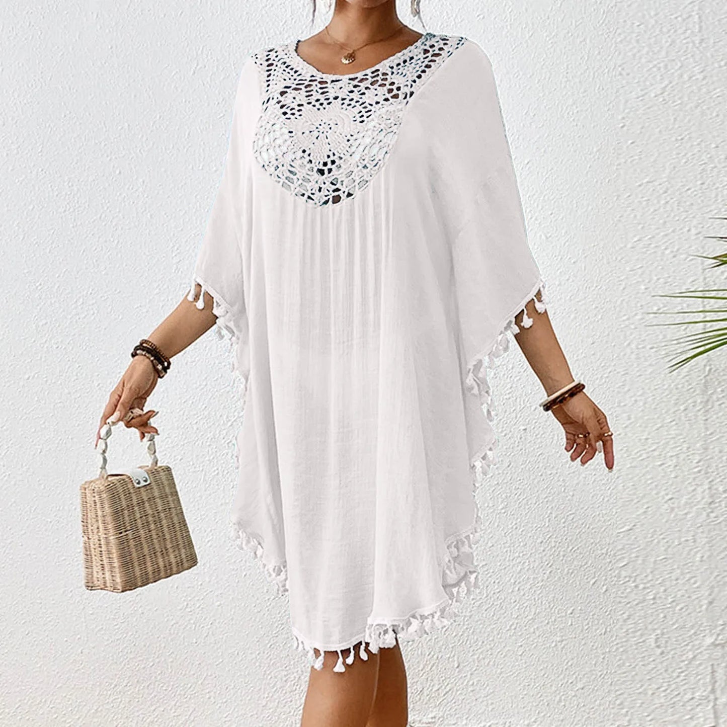 Linen Cover Up Women'S Beach Top With Crochet Patchwork Tassel Swimsuit And Bikini Outerwear Women'S Kimono купальник 2024 тренд