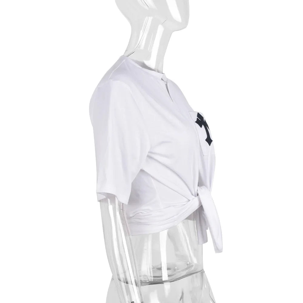 Perl White Cross Hollow Out Shirts for Women Summer Short Sleeve Female Clothes Fashion Christianity Pattern Crop Top Casual Tee