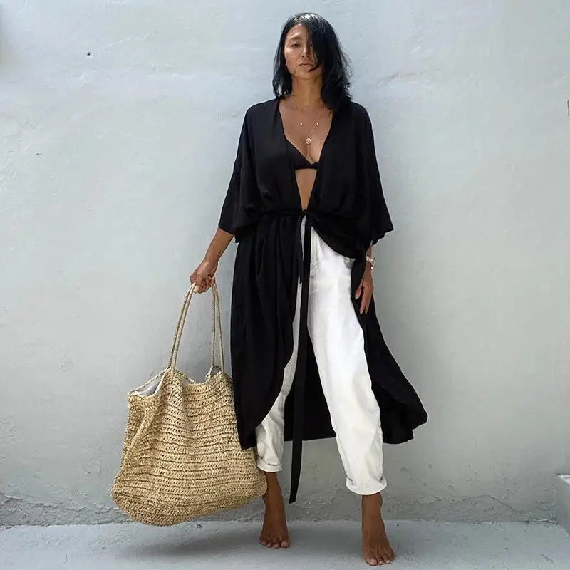 WeHello-Women's Beach Cover Up Kimono, Summer Swimsuit Cape, Solid Bohemian Tunic Dresses, Bathing Suits, Cardigan, Shawl