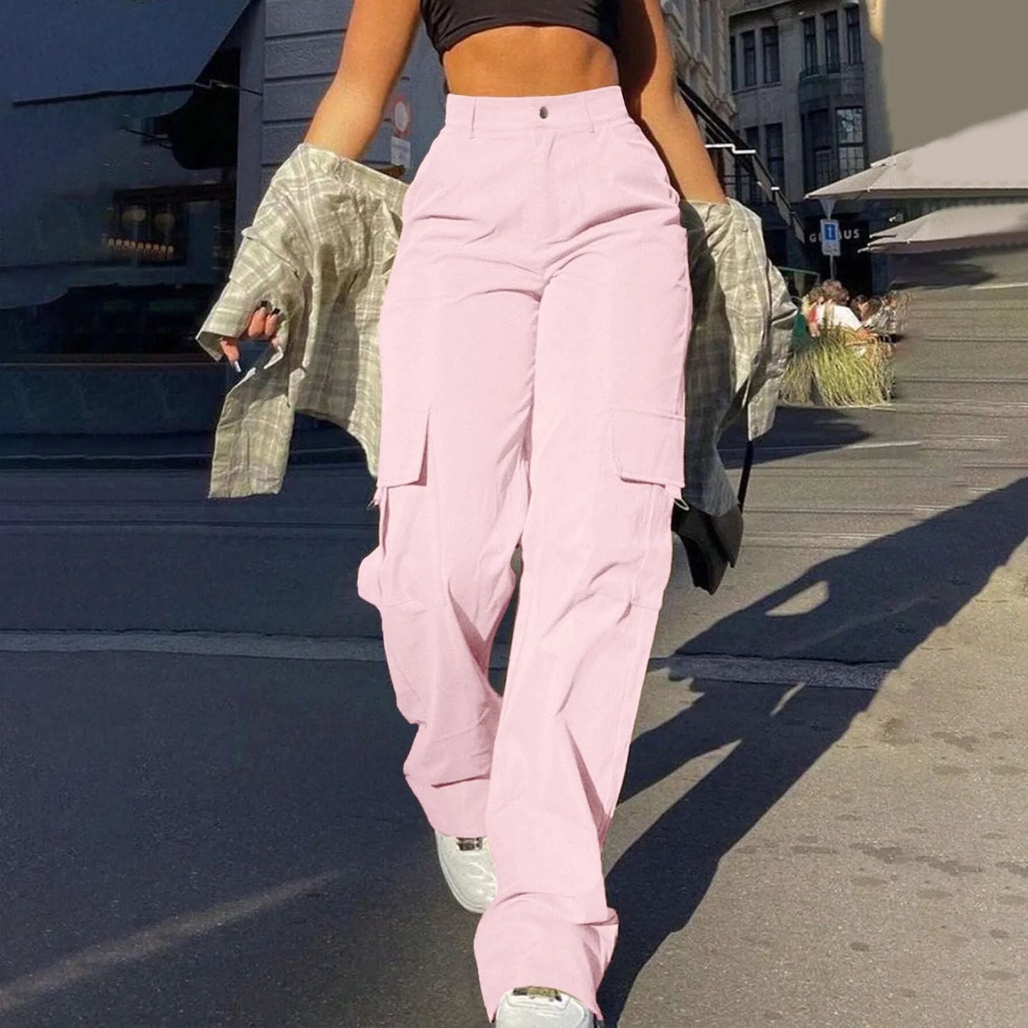 Ladies' Street Fashion Multi Pocket Cargo Pants Summer Solid Color Straight Leg Pants High Waist Slimming Loose Fit Cargo Pants