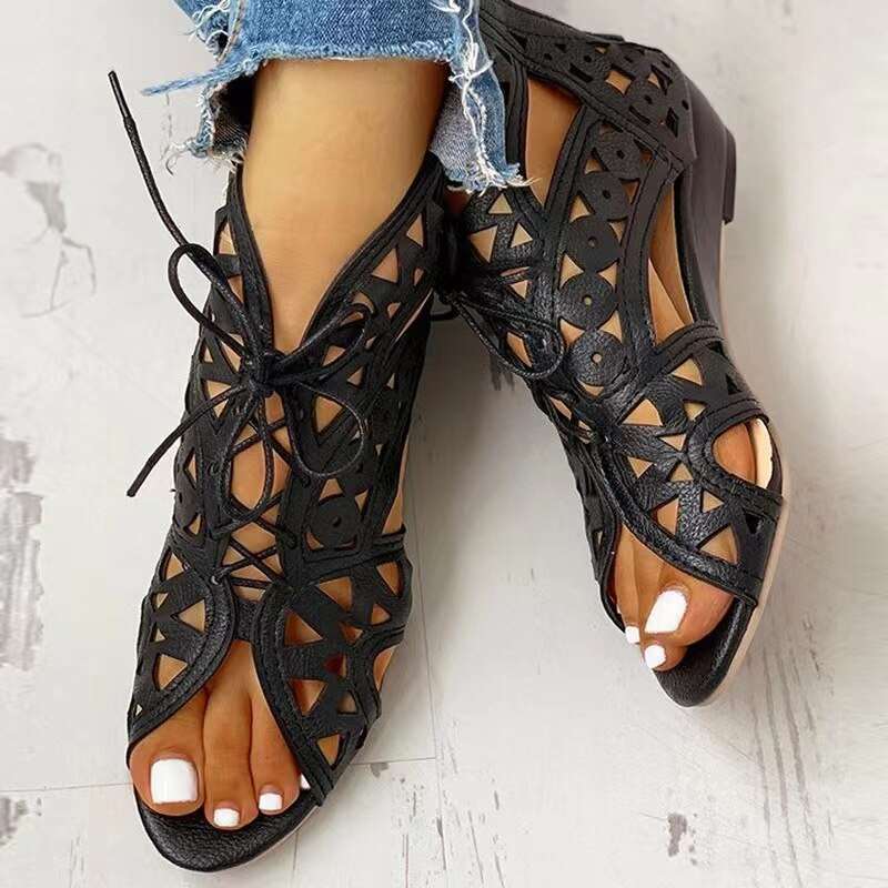 New Womens Gladiator Sandals Summer Retro Wedge Lace Up Mesh Shoe Casual Open Toe One Word Buckle Sandals Plus Size 36~42