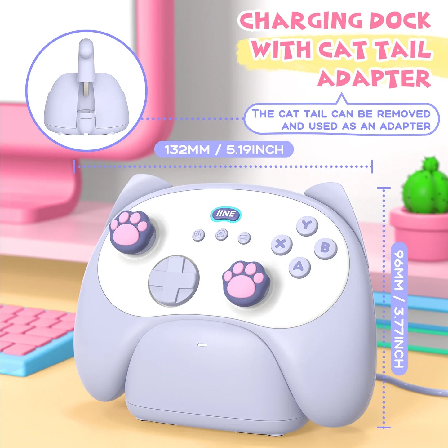 IINE PC/iOS/Android/Phone/Switch Meow Cat Controller with Charging Dock, Hall Effect Joystick & Trigger  Two-Player Game