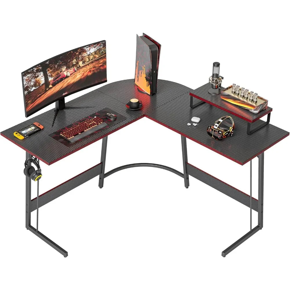 L-Shaped Gaming Desk ,Carbon Fiber Surface, Built-in Monitor Stand Home Office.