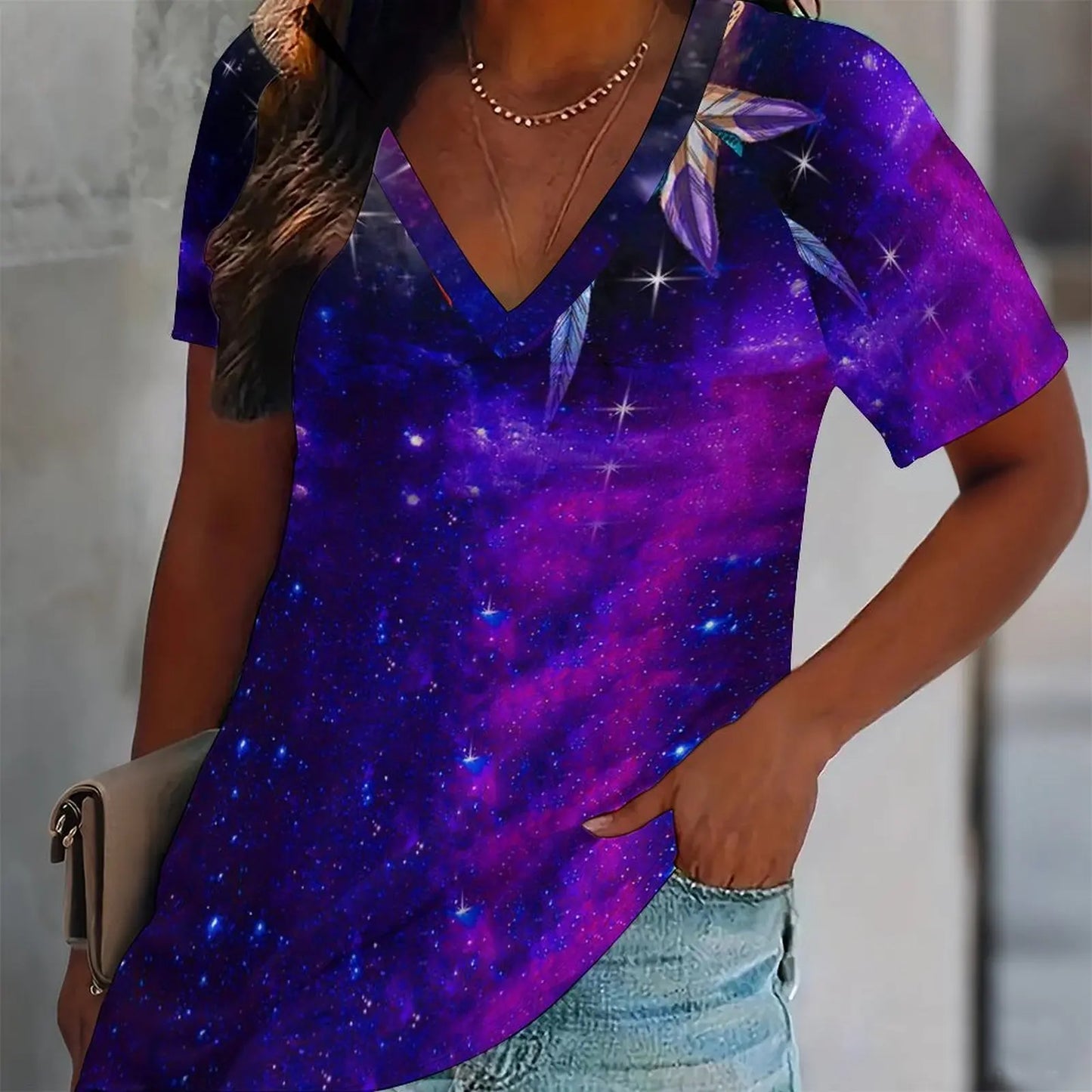 Butterfly Print Women Tshirt V Neck Short Sleeve Casual Loose Summer Tee Shirts