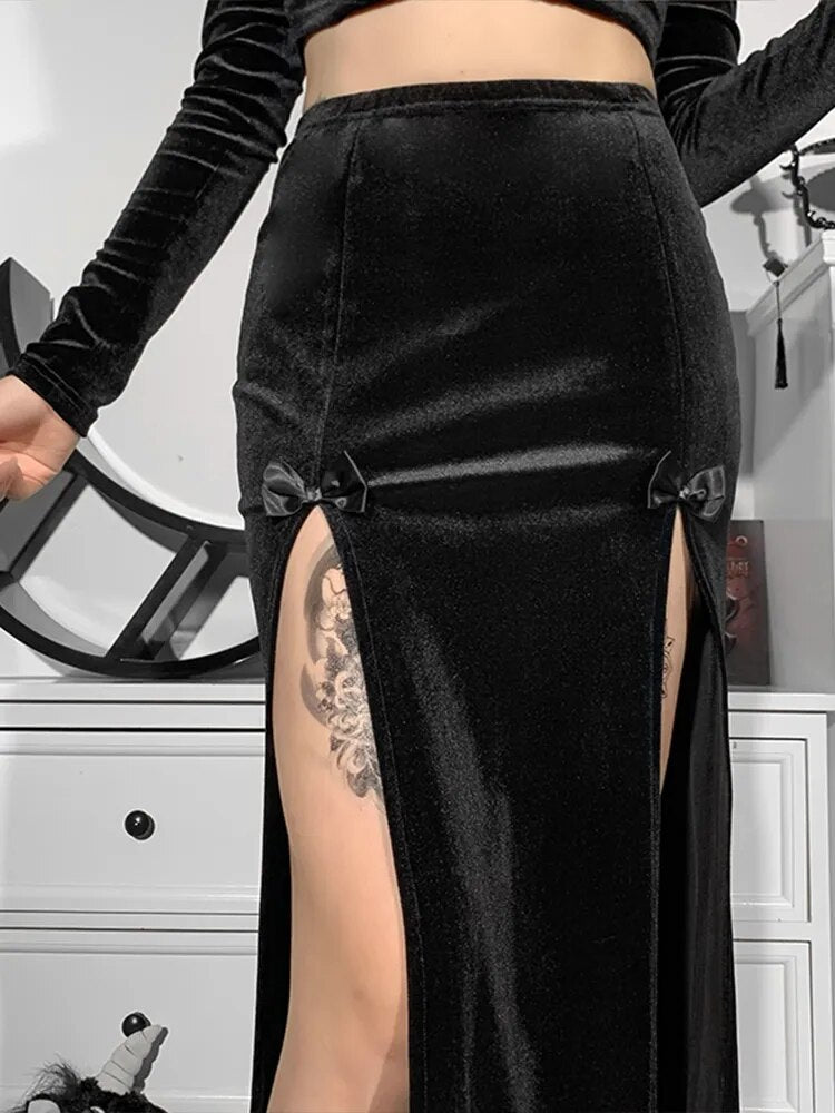Goth Vintage Black Velvet Split Skirts Aesthetic Sexy High Waist Bow Bodycon Long Skirt Elegant E Punk Partywear Clothes